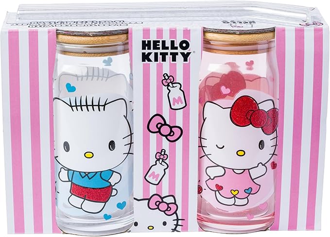 Silver Buffalo Sanrio Hello Kitty and Friends Featuring Dear Daniel 2 Pack Glass Jar Tumbler with Bamboo Lid and Glass Straw, 16 Ounces