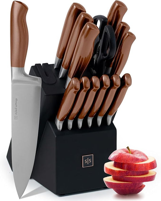 Styled Settings 14-Piece Knife Set with Block & Built-In Sharpener – Ultra-Sharp Full Tang Kitchen Knives – Premium Cooking & Prep Essentials, Copper Handle, Silver Blade & Black Block