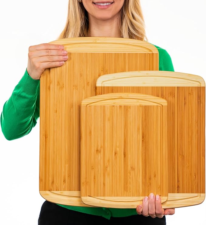 Organic Wooden Cutting Boards for Kitchen Set of 3 with Lifetime Replacements – Premium Extra Large Bamboo Chopping Boards with Juice Grooves for Carving & Serving, Non-Toxic & Durable by Greener Chef