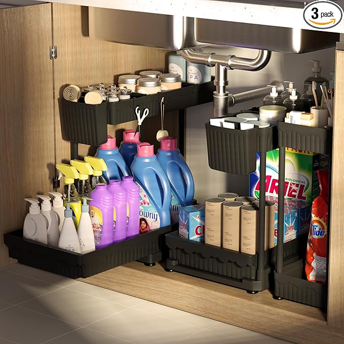 3 Pack Multi-Purpose Under Sink Organizers and Storage (Black, 14.85 inches)