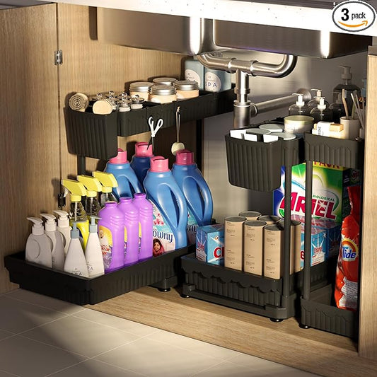 3 Pack Multi-Purpose Under Sink Organizers and Storage (Black, 14.85 inches)