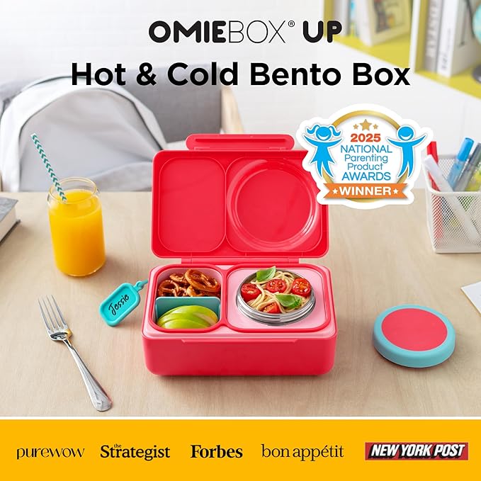 Omie OmieBox UP bento Box for Kids | Insulated Lunch Box | Leak Proof Vacuum Insulated Thermal Food jar | Cooler ice Pack | 2 Compartments (Cherry Pink)