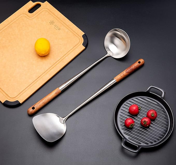 FJNATINH Soup Ladle, 17inches Ladle for wok, 304 Stainless Steel Soup Spoon Cooking Spoon for Kitchen with Wooden Handle