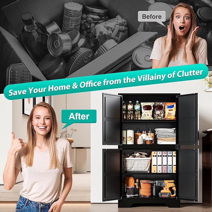 SISESOL Black Storage Cabinet with 4 Doors and 2 Adjustable Shelves,Farmhouse Food Pantry Cabinets,Small Bathroom Cabinet,4 Tier Metal Storage Cabinets for Home Kitchen,Dining/Living/Laundry/Room