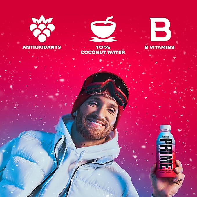 PRIME Hydration CHERRY FREEZE, Sports Drinks, Electrolyte Enhanced for Replenishing Fluids, 250mg BCAAs, B Vitamins, Antioxidants, Low Sugar, 16.9 Fl Oz, 12 Pack