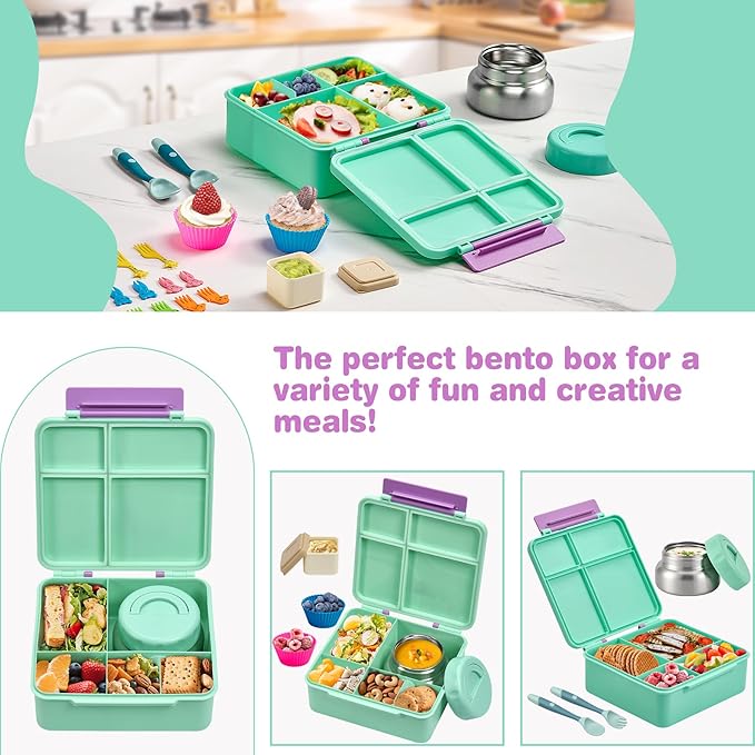Bento Lunch Box with 9.5 oz Soup Thermo, Kids Leakproof 4 Compartments Bento Box with Silicone Cupcake,Fruit Fork,Spoon and Sauce Cup,Insulated Food Jar for School Travel-Green