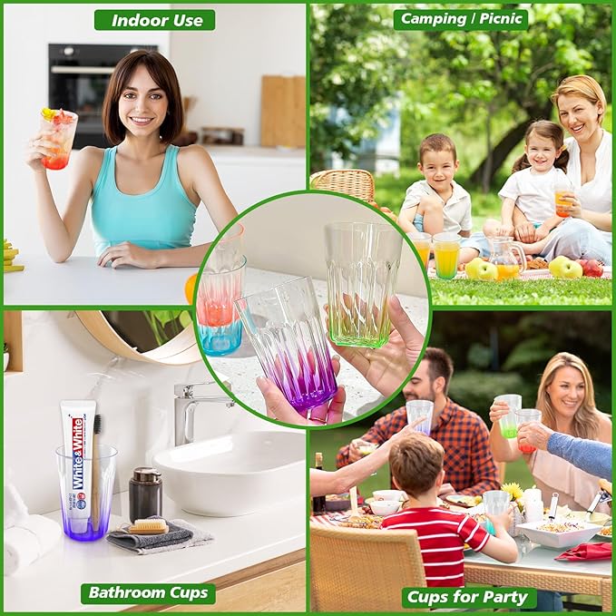 Plastic Drinking Glasses Set of 8, Plastic Cups Reusbale Tumblers for Kitchen Camping, Water Cup Set with Gradient Color, Unbreakable Bathroom Cups, BPA Free, Dishwasher Safe, 15.2oz, 4 Colors,8 Pack