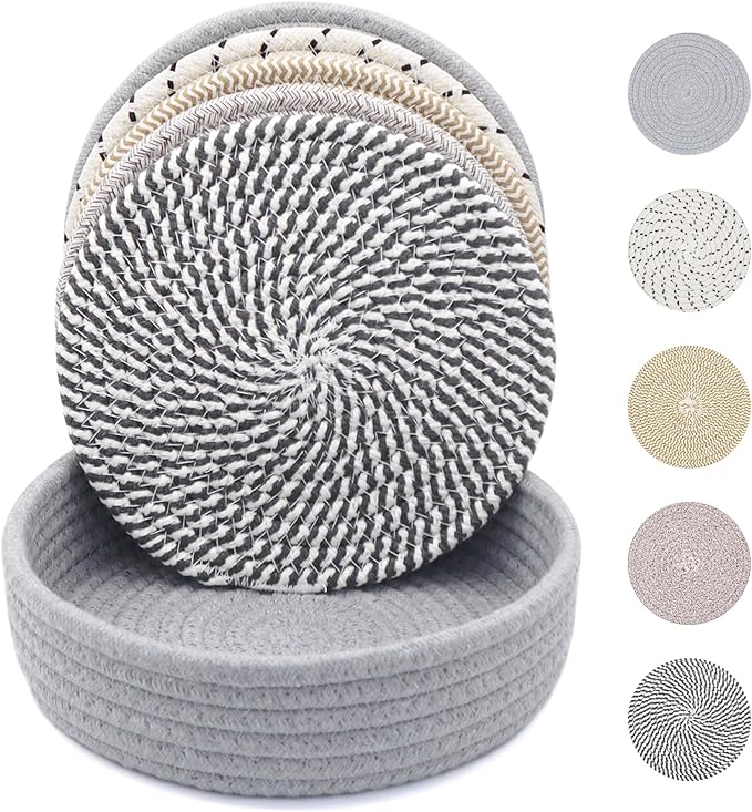 8 Inch Trivets for Hot Dishes, Hot Pots and Pans, Thick Heat Resistant Large Coaster for Kitchen, Hot Pads, Kitchen Essentials, Kitchen Decor for Table & Countertop with Storage Basket, 5 Pcs