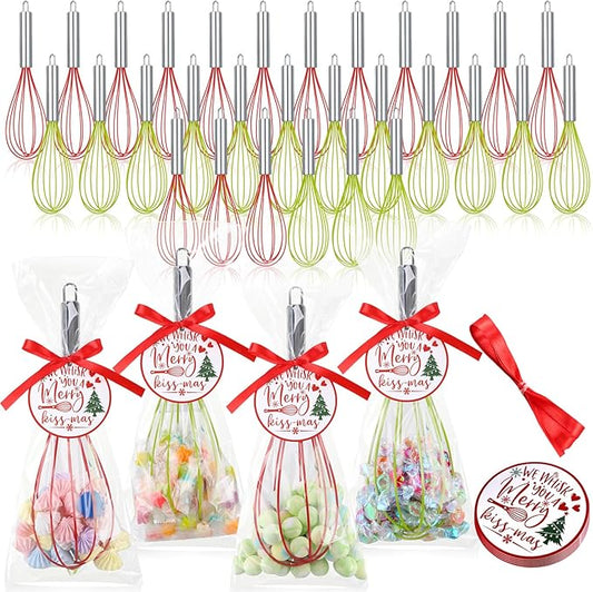 48 Sets 10 Inch Christmas Whisks Gifts DIY Fillable Christmas Tree Ornaments Xmas Colored Silicone Whisks for Cooking Heat Resistant Egg Beaters with Card Rope Bag for Candy Holder