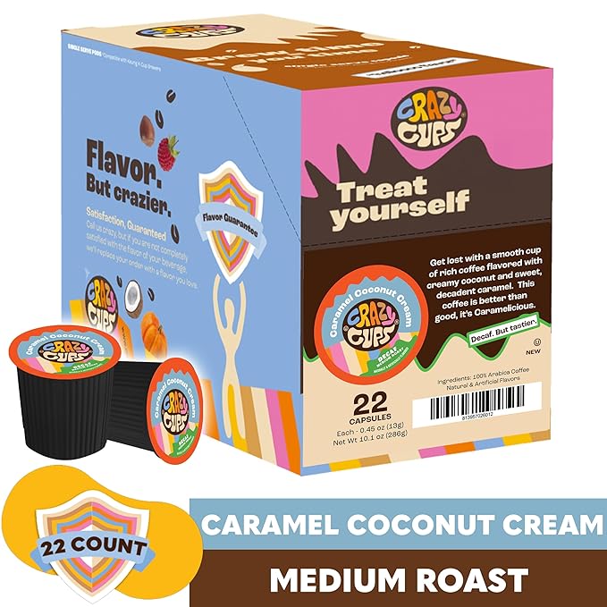 Crazy Cups Decaf Flavored Coffee Pods, Decaffeinated Coconut Caramelicious Flavored Coffee, Single Serve Hot or Iced Medium Roast Coffee for Keurig K Cups Machines, 22 Count