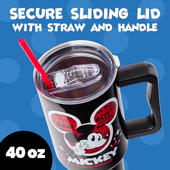 Silver Buffalo Disney Classic Mickey Mouse Hashtag Current Mood “#currentmood” Stainless Steel Tumbler with Handle and Straw, Fits in Standard Cup Holder, 40 Ounces