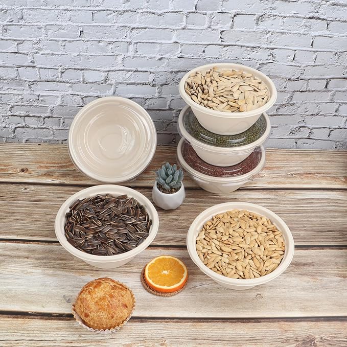 33 oz Disposable salad bowls with lids, Sugarcane Fiber Paper Bowls take away food containers Plant Fibers Freezer Safe 50 Pack