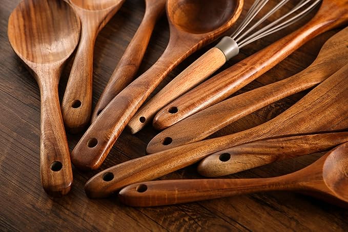 Wooden Kitchen Utensils Set with Holder, NAYAHOSE 11 Pcs Teak Wooden Cooking Spoons and Spatulas with Stainless Steel Storage Barrel