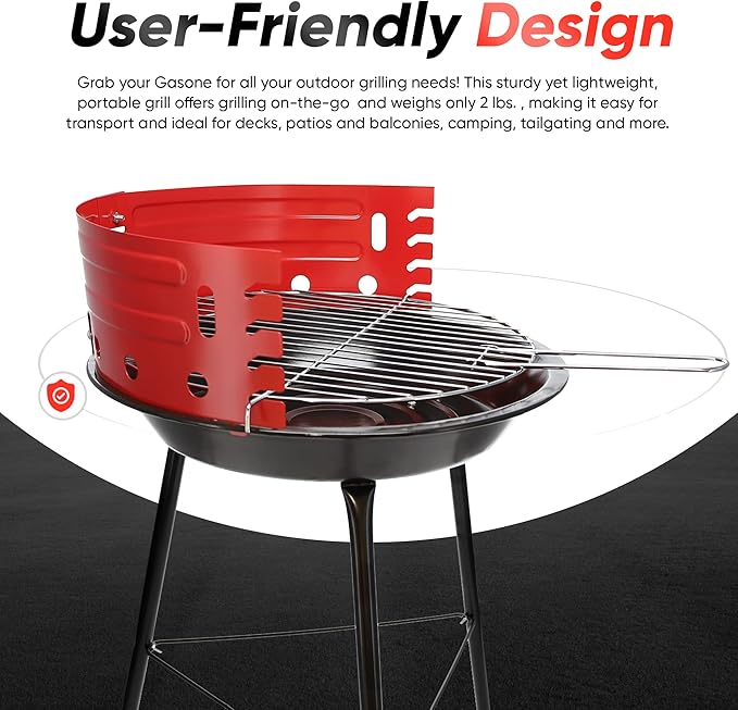 Gas One 16-inch Portable Barbecue Grill with 4 Levels for Flame Control – Dual Venting System – Small Charcoal Grill for Backyard, Camping, Boat
