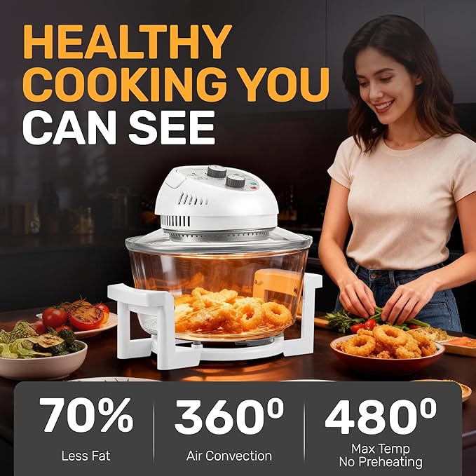 Big Boss 16Qt Extra Large Glass Air Fryer Non Toxic – Family Sized 4 in 1 Cooker with 3 Cooking Sections, Stainless Steel Racks for French Fries, Chicken, No Preheat, Self Cleaning, Dishwasher Safe