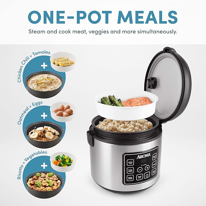 AROMA® 20-Cup (Cooked) / 10-Cup (Uncooked) Digital Rice Cooker, Multicooker, Slow Cooker, Steamer, Flash Rice, Keep Warm, Sensor Logic® Technology, Stainless Steel Exterior