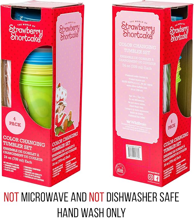 Silver Buffalo Strawberry Shortcake 4 Pack Color Change Plastic Tumbler Featuring Lemon Meringue, Orange Blossom, and Angel Cake, 24 Ounces