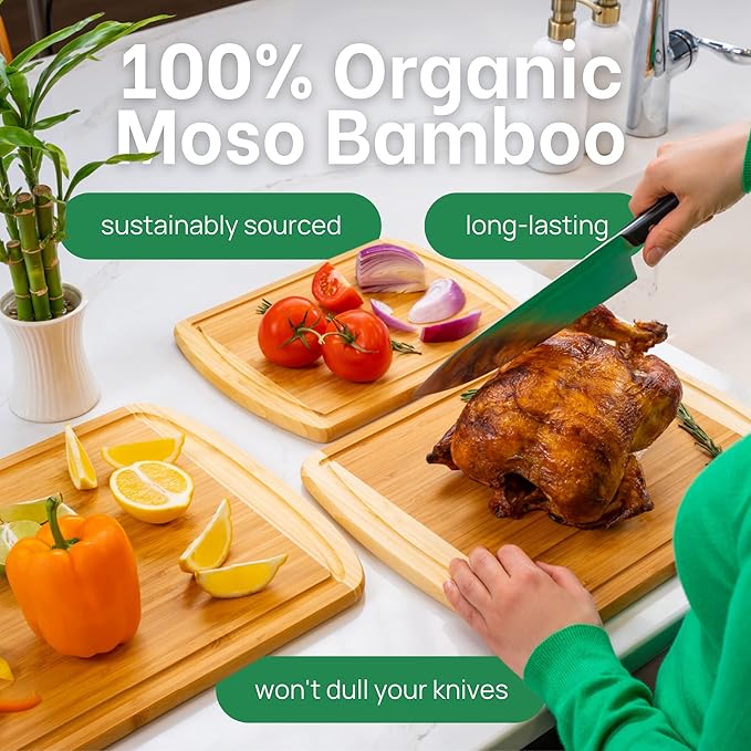 Organic Wooden Cutting Boards for Kitchen Set of 3 with Lifetime Replacements – Premium Extra Large Bamboo Chopping Boards with Juice Grooves for Carving & Serving, Non-Toxic & Durable by Greener Chef