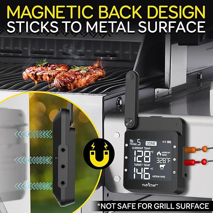 NutriChef WiFi Grill Meat Thermometer, Wireless Dual Smart Probes, Alarm Indoor from Outdoor Barbecue Smoker, Compatible with Any Smartphone, Rechargeable Meter for Outside BBQ Grilling