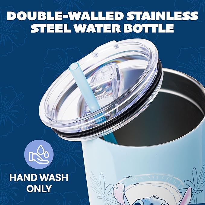 Silver Buffalo Disney Lilo and Stitch Minimalistic Design Ocean and Tropical Stainless Steel Tumbler with Handle and Straw, Fits in Standard Cup Holder, 40 Ounces
