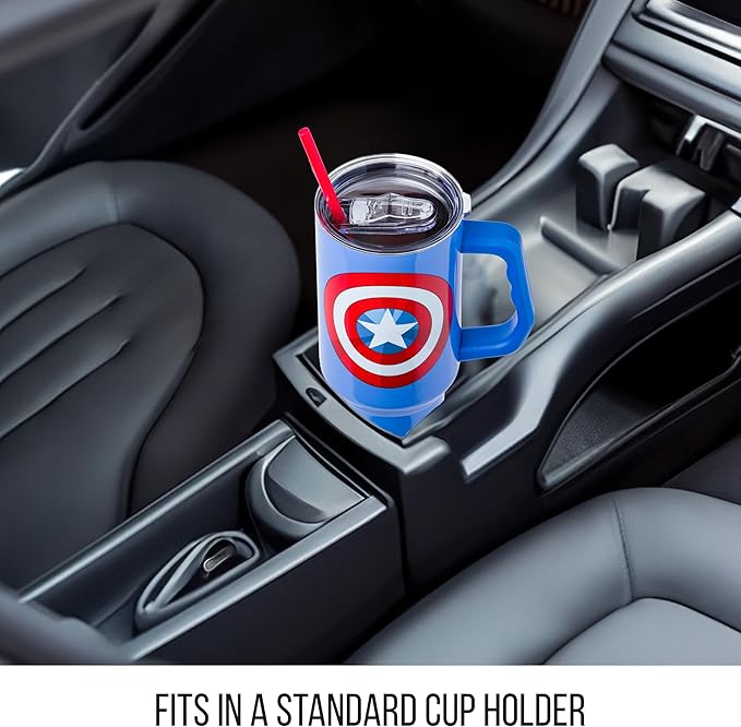 Silver Buffalo Marvel Captain America Shield Stainless Steel Tumbler with Handle and Straw, Fits in Standard Cup Holder, 40 Ounces