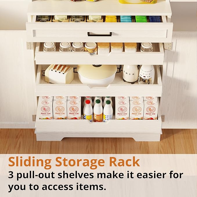 IRONCK Farmhouse Kitchen Pantry Cabinet, 72" Height Tall Freestanding Cupboard with Sliding Storage Rack and 6 Hanging Shelves for Kitchen, Dining Room, White