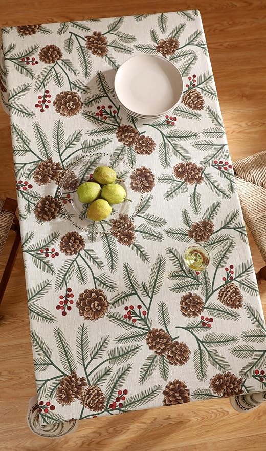 ISAENNE Designer Christmas Beige Linen Table Cloth for Rectangle Table,Pinecones Pattern Indoor Tablecloths,Washable Decor Tablecloth for Dining Thanksgiving Kitchen Christmas,55"*79"-Carol B