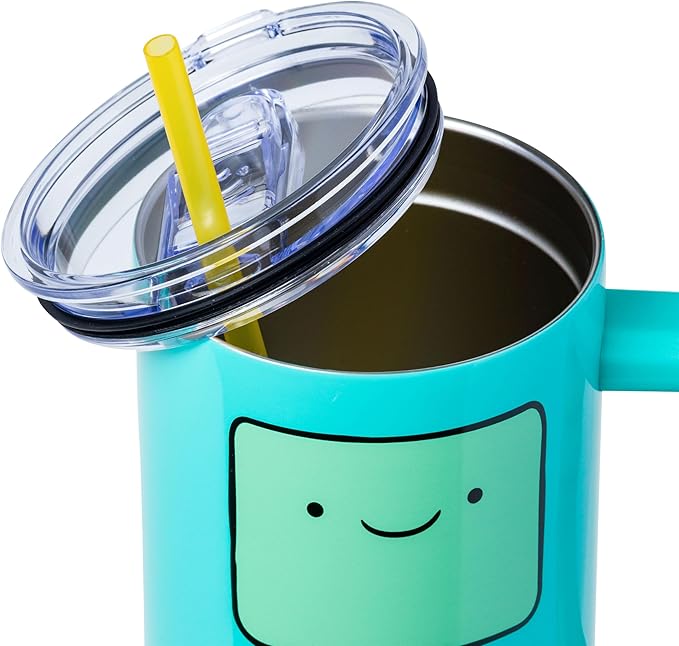 Silver Buffalo Adventure Time Featuring BMO Stainless Steel Tumbler with Handle and Straw, Fits in Standard Cup Holder, 40 Ounces