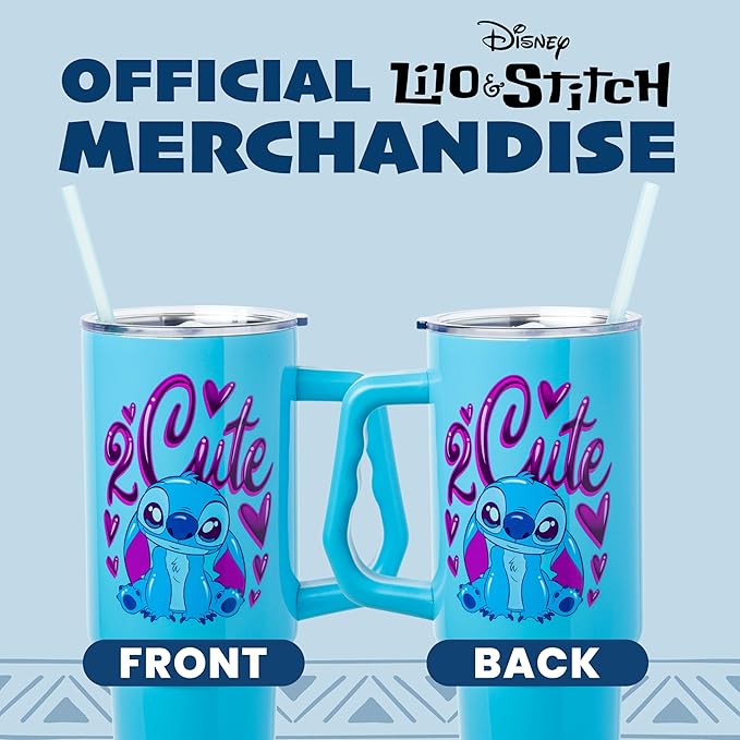 Silver Buffalo Disney Lilo and Stitch “2 Cute” Stainless Steel Tumbler with Handle, Fits in Standard Cup Holder, 40 Ounces (Pack of 12)