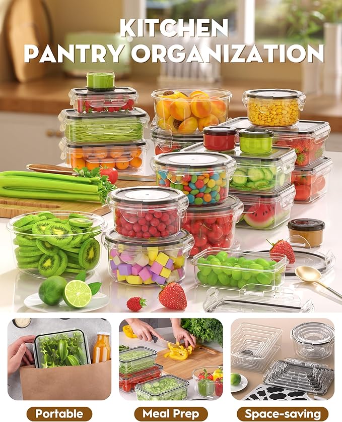 40 PCS Food Storage Containers with Lids Airtight (20 Containers & 20 Lids), 100% Leakproof Meal Prep Container Set for Kitchen Storage, BPA-free, PVC-free Reusable Plastic, Microwave/Dishwasher Safe