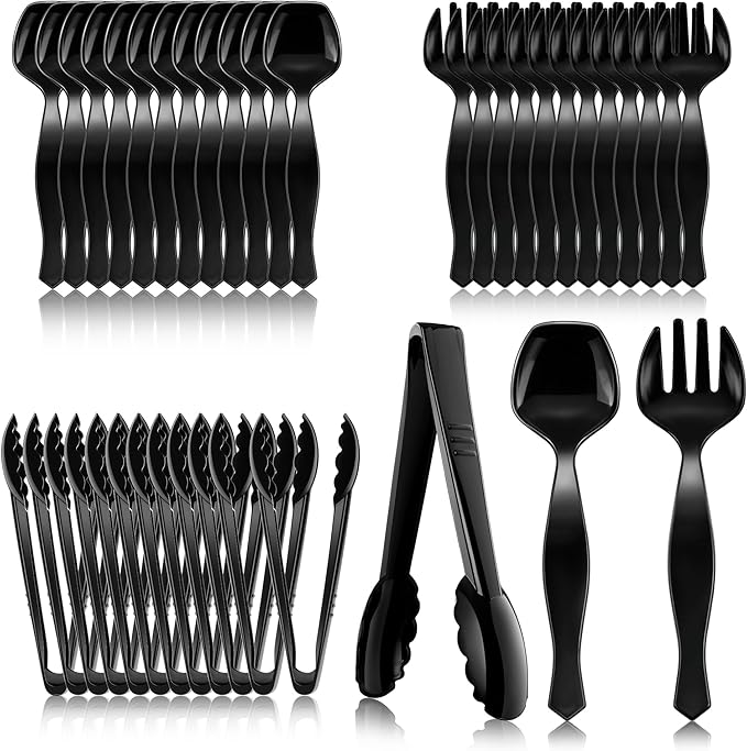 36Pcs Plastic Serving Utensils Set 9'' Large Disposable Serving Spoons Forks Tongs for Serving Food Heavy Duty Black Large Party Utensils Supplies for Buffet Restaurant Dinner Salad Noodles Soup
