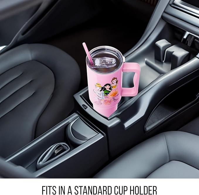 Silver Buffalo Disney Princess Featuring Cinderella, Mulan, Belle, Ariel, Tiana, and Jasmine Stainless Steel Tumbler with Handle and Straw, Fits in Standard Cup Holder, 40 Ounces