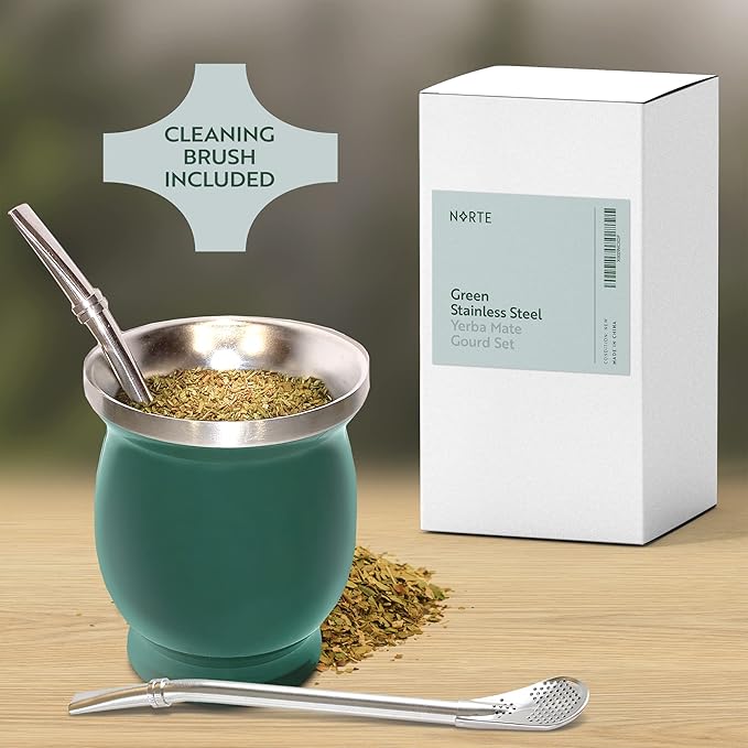 Norte Yerba Mate Cup Kit, 8-Ounces Traditional Mate Tea Cup/Gourd Set | Includes 2 Bombillas (Yerba Mate Straw) & Cleaning Brush, Stainless Steel Cup, Double-Walled, Easy to Clean | Green