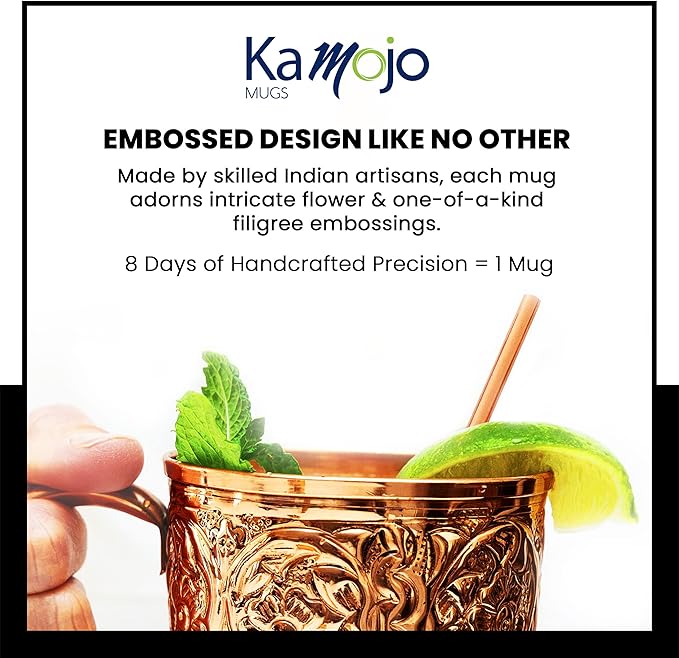 Copper Cups Set of 2 with Unique Handcrafted Embossed Design with Anti-Tarnish Food-Grade Coating - Moscow Mule Copper Mugs Gift Set with 2 Straws & Recipe E-Book, 16 oz