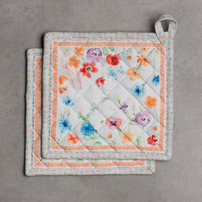 Maison d' Hermine Pot Holders Set 100% Cotton Heat Resistant Potholders 8" x 8" Hot Pads with Loop BBQ, Cooking, Baking, Grilling, Kitchen, Handling Hot Pans Spring/Summer (Pack of 2, Summer Whisper)