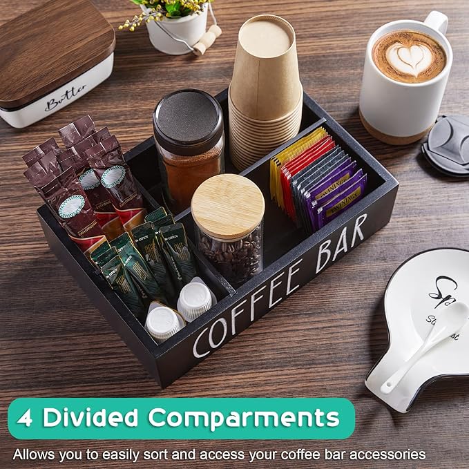 ALEION Coffee Station Organizer - Wood Countertop Accessories Organizer with Removable Dividers for Pods Condiment Syrup Tea Cups Stirrers - for Farmhouse Coffee Bar Decor