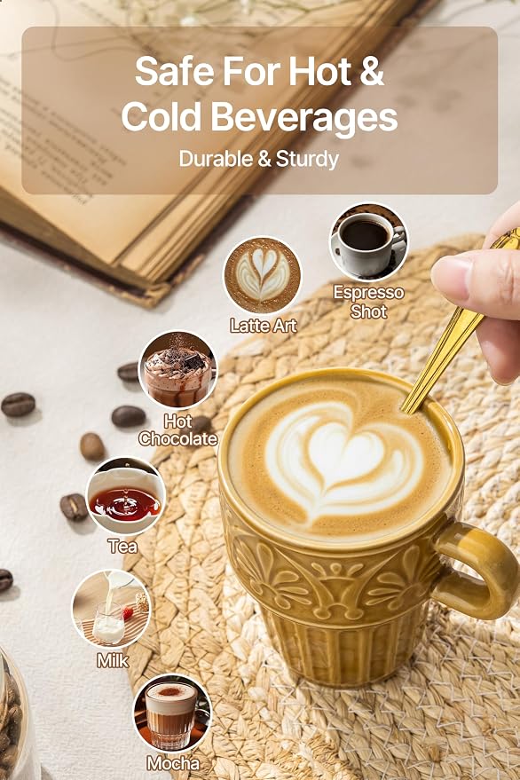 Cappuccino Cups, Espresso Cups, Stackable Mug Set of 6, Ceramic Coffee Mug 6 OZ - Image 3