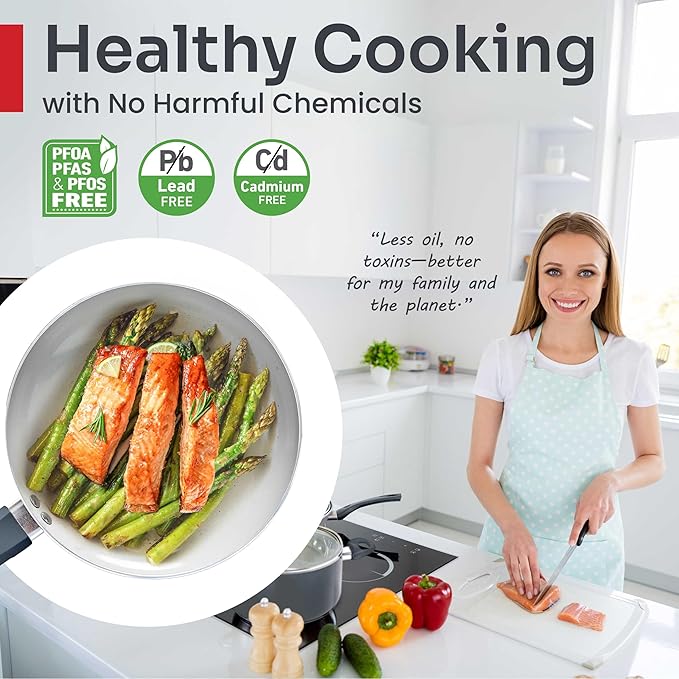 Mueller 16-Piece Healthy Stone Pots and Pans Set Non Stick, Non Toxic Ceramic Cookware Set, Dishwasher Safe, w Frying Pans, Sauce Pan, Steamer, Vac-Free Vented Glass Lids, Kitchen Utensils, Slate