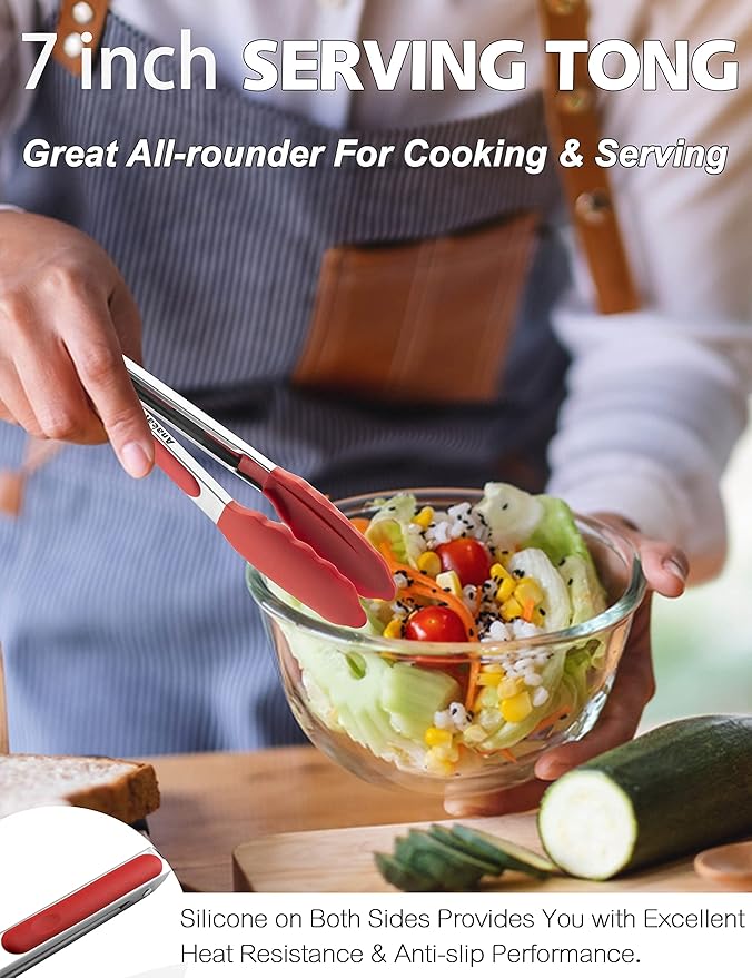 Anaeat Non-Stick Silicone Locking Tong Set of 3 - Stainless Steel 7", 9" and 12" Kitchen Food Tongs with Non-Slip Silicone Tips and Grip for Cooking, Baking and BBQ - Heat Resistant up to 480°F (Red)