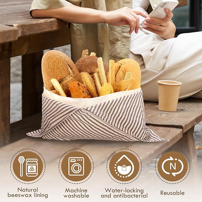 yeload 2 Pack Beeswax Bread Bags, Striped Linen Bento Bags, 14" Cotton Loaf Bag, Reusable Organic Food Storage, Sourdough Bag, Rustic Farmhouse Azuma Bukuro Origami Wrap for Baked Gifts (Beige, 2)