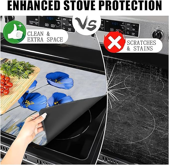 Blue Floral Stove Top Cover 28.3 x 20.5 Inches, Heat Resistant Glass Stove - Image 7
