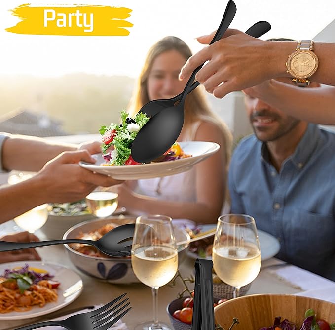 Large Black Serving Utensils Set of 8, E-far Stainless Steel 9.8 Inch Serving Spoon Slotted Spoon, 9.9 Inch Fork, 9.4 Inch Tong for Buffet Catering, Mirror Finish & Dishwasher Safe