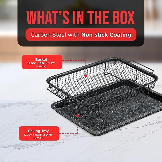 Crisper Tray - 2-Piece Set – Gray Marble, Non-Stick Basket Design for Healthier Cooking in Regular Ovens - Achieve Perfectly Crispy Chips, Bacon and More