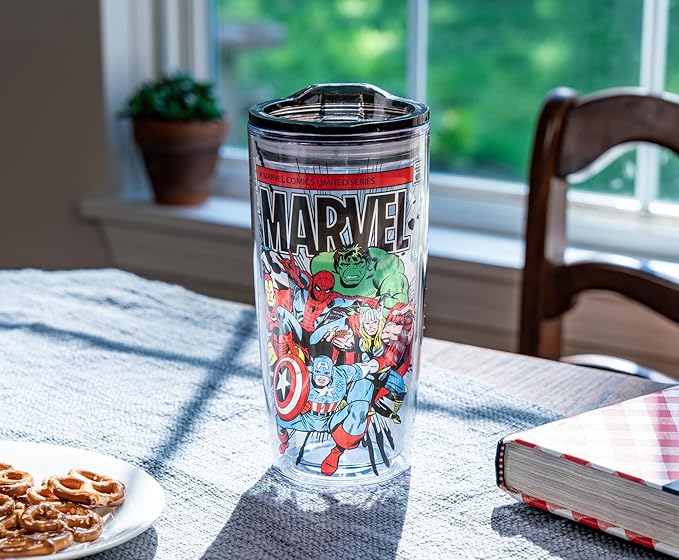 Silver Buffalo Marvel Avengers Featuring Spider-Man, Captain America, Thor, Hulk, and Iron Man Double Wall Travel Tumbler with Slide Close Lid, 20 Ounces
