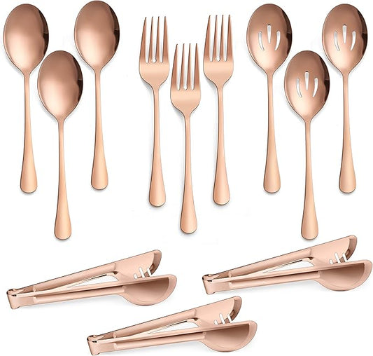 E-far Stainless Steel Serving Utensils Set of 12, 9.8 Inch Slotted Spoon, 9.9 Inch Forks, 9.4 Inch Tong for Buffet Catering, Mirror Finish & Dishwasher Safe