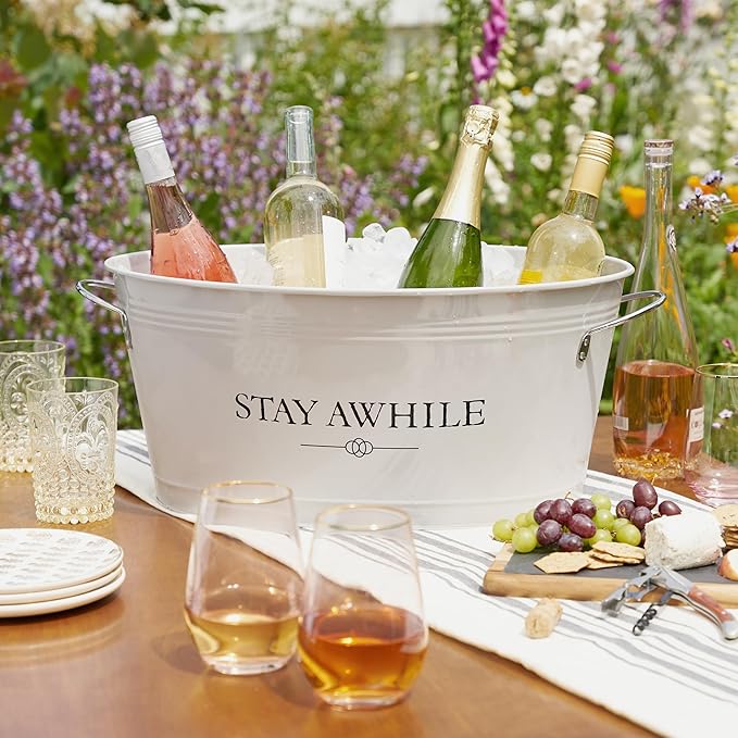Twine Stay Awhile White Painted Galvanized Ice Bucket & Metal Tub - Beverage Ice Barrel Tub for Parties in 6.3-Gallon Capacity
