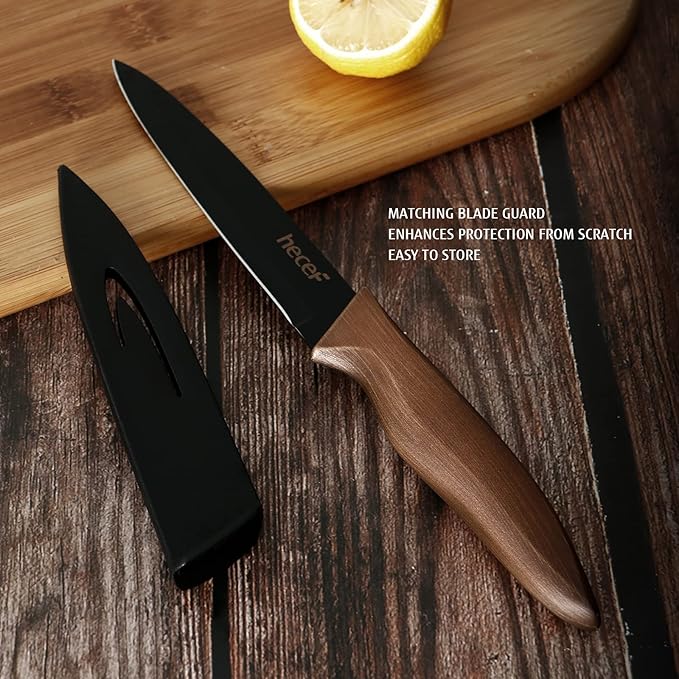 hecef Vintage Kitchen Knife Set, Stainless Steel Non-stick Black Coated Knives with Extra Sheaths, Includes Chef, Bread, Santoku, Utility and Paring Knife