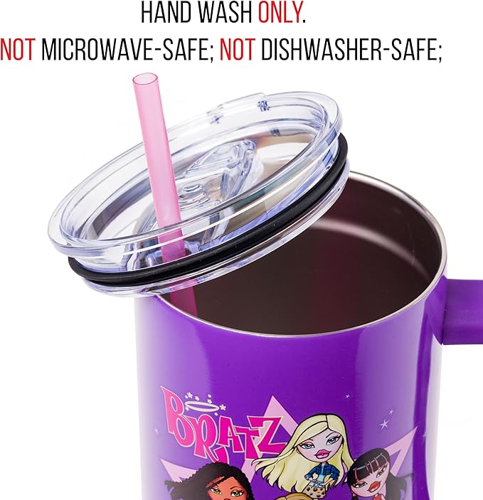 Silver Buffalo Bratz Featuring Cloe, Yasmin, Jade, and Sasha Stainless Steel Tumbler with Handle and Straw, Fits in Standard Cup Holder, 40 Ounces