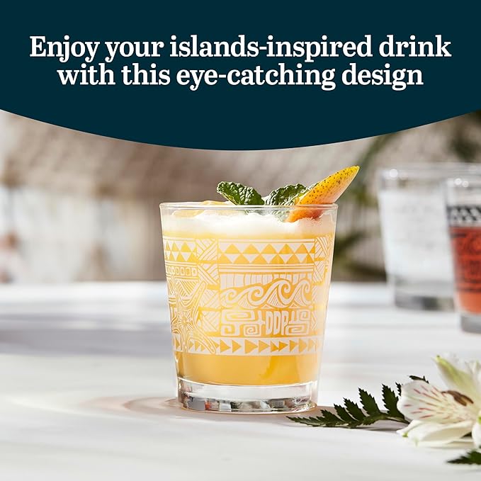 Libbey Tiki Rocks Glasses Set, Vintage-style Glassware Drinking Glasses Set of 4, Exotic, Dishwasher Safe Glasses for Backyard Luau or Pool Party