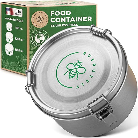Stainless Steel Food Storage Container with Lid - 40 oz / 1.2 L - Metal Lunch + Meal Prep Tin with Food-Safe Leakproof Seal - Stackable Pantry Snack Organizer - Reusable Travel Lunchbox for Leftovers